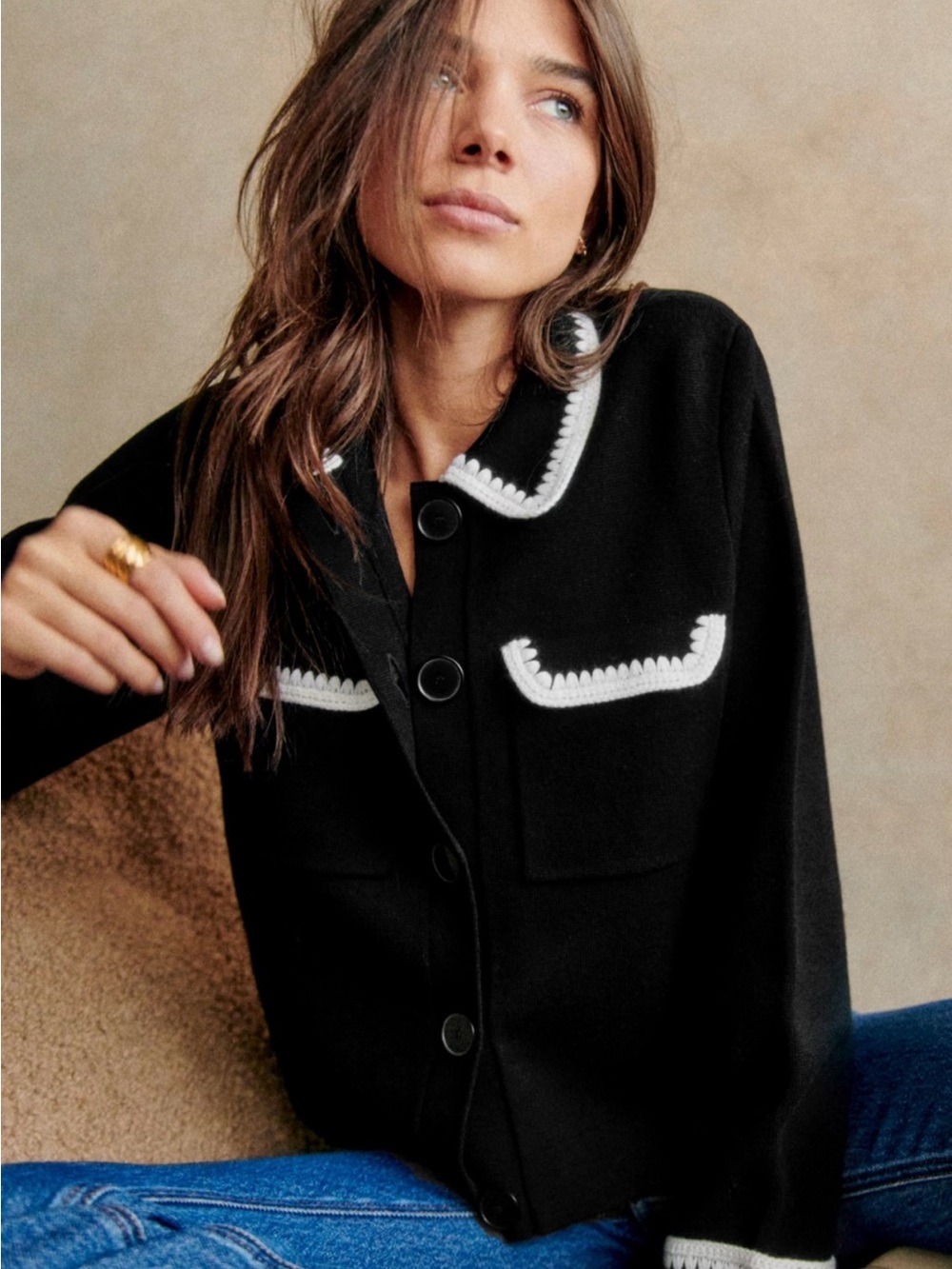 LIKE NEW Medium Betty Cardigan by Sezane Black Knit Button-Up Jacket White Trim